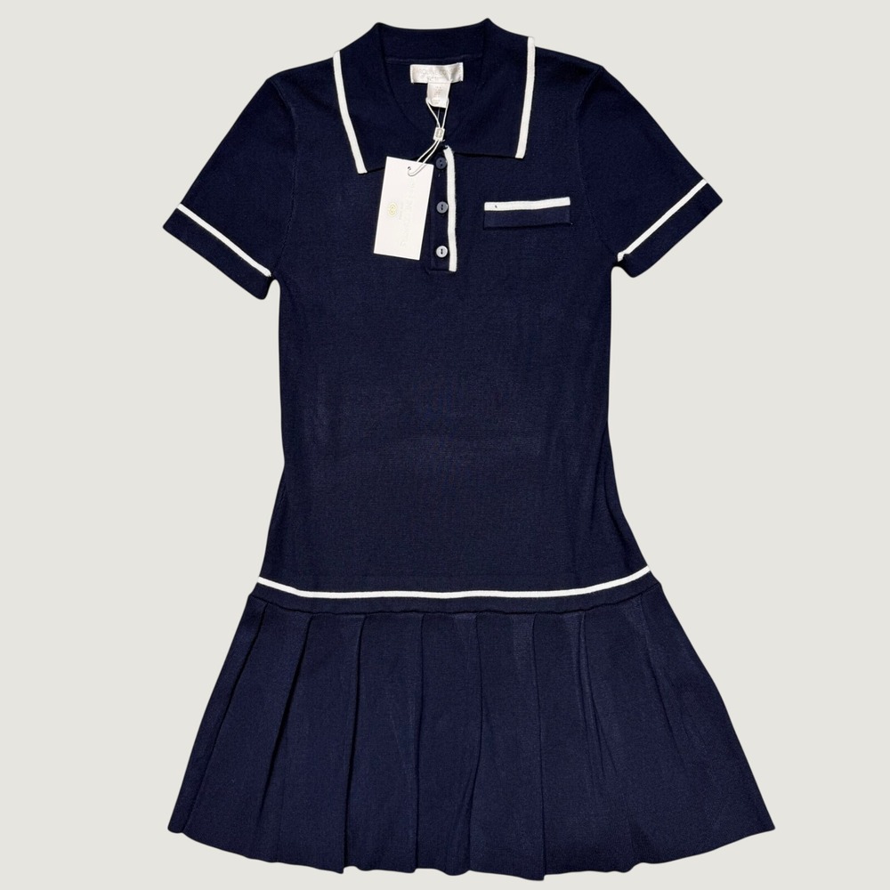 Caroline Constas Navy Blue Knit Polo Mini Dress White Trim Pleated Skirt Size M - Picture 3 of 12